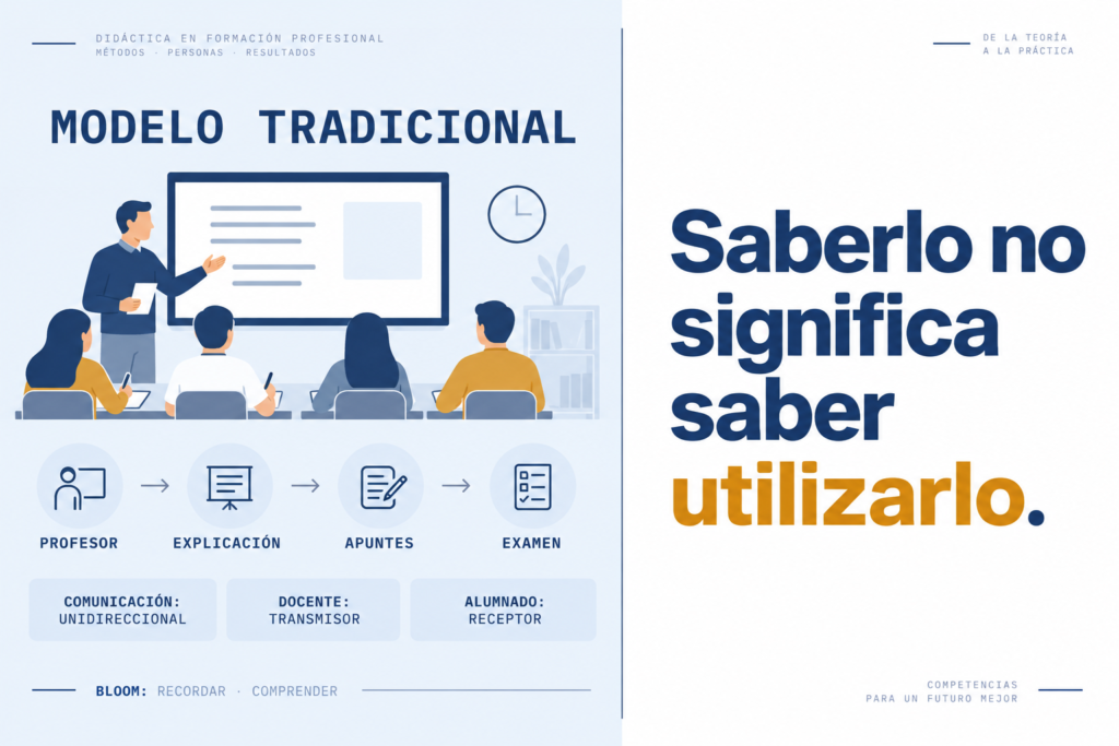 Comparación visual de una clase tradicional de FOL basada en explicación, apuntes y examen