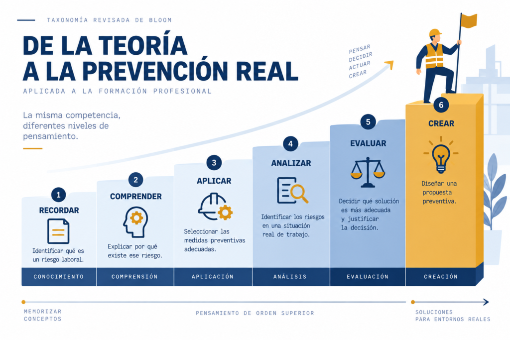 Taxonomía de Bloom aplicada a la prevención de riesgos laborales desde recordar y comprender hasta evaluar y crear