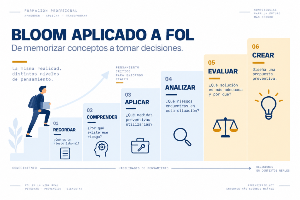 Taxonomía de Bloom aplicada a la prevención de riesgos laborales en FOL desde recordar y comprender hasta evaluar y crear